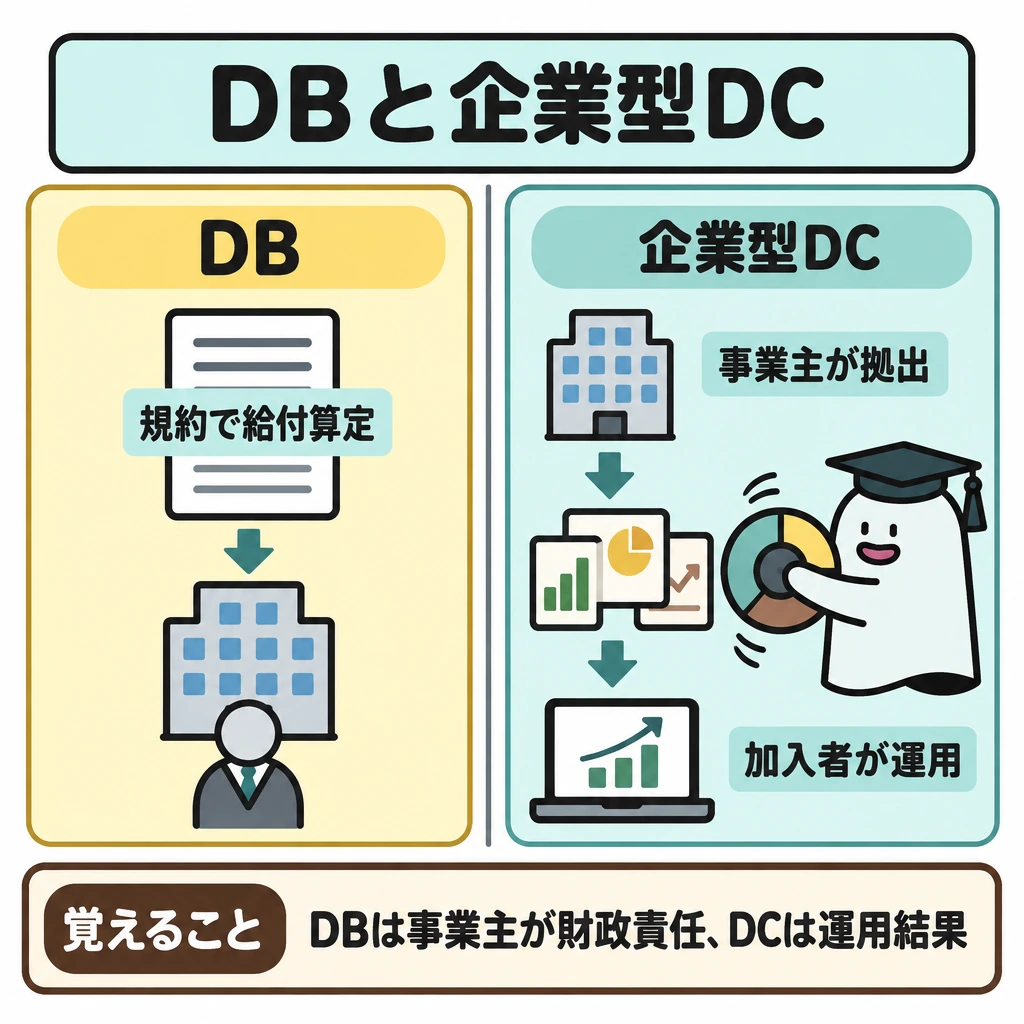 DB・DCの費用と税を比較の図解。画面を縦に二分し、左はDBの規約による給付算定と事業主の財政責任、右は企業型DCで事業主が掛金を拠出し、加入者が運用する流れを描く。右側は掛金から運用商品、運用結果へ矢印でつなぎ、左右の仕切りを明確にする。