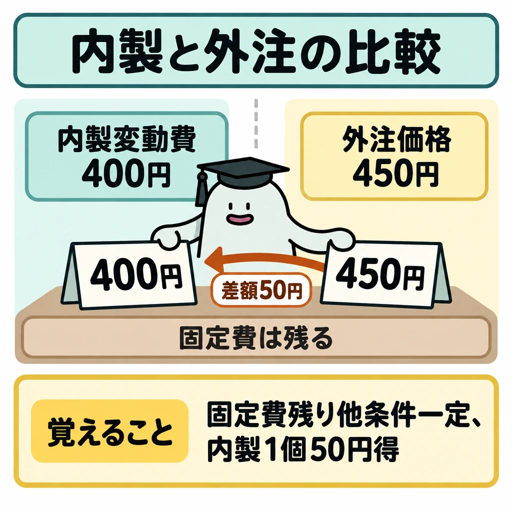 基本の仕組みの図解。中央の縦線で左右を分け、左に内製変動費400円、右に外注価格450円を1個当たりの費用として並べる。両側にまたがる帯で「固定費は残る」と示し、右の450円から左の400円へ向かう矢印に差額50円を添える。