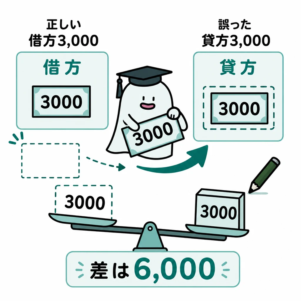 エルくんが説明する図解。正しい借方3000と誤った貸方3000を比較し差6000を可視化。