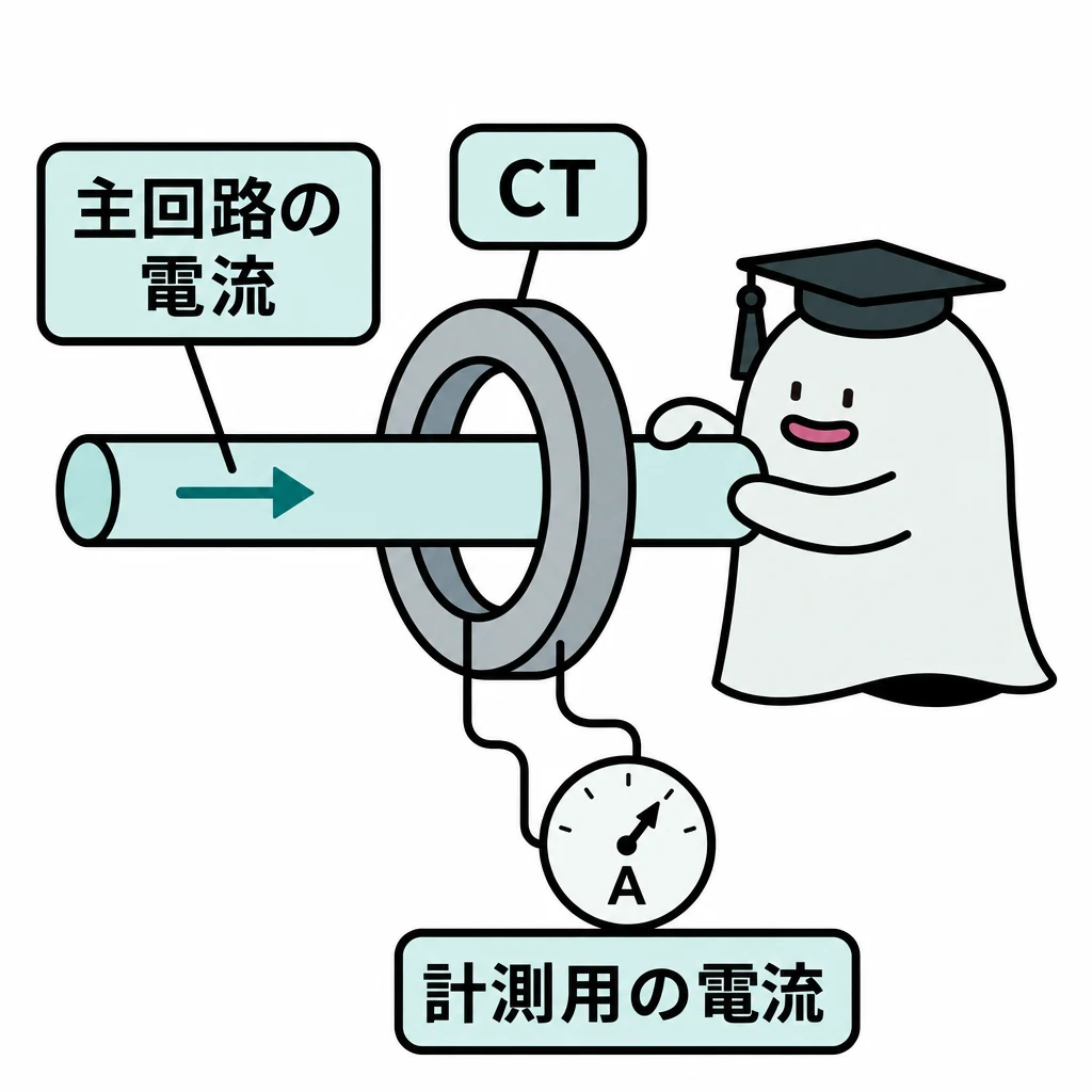 CTは電流を測りやすくする。一本の太い導体がリング状のCTを貫き、CTの計測側が小さい電流計につながる概念図。