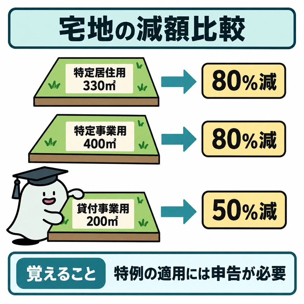 財産別の評価と宅地の特例の図解。画面左に宅地の区画を縦に3つ並べ、上から「特定居住用:330㎡」「特定事業用:400㎡」「貸付事業用:200㎡」と記す。各区画から右へ矢印を引き、上2つは「80%減」、下は「50%減」につなぐ。下部に申告の必要性を示す。