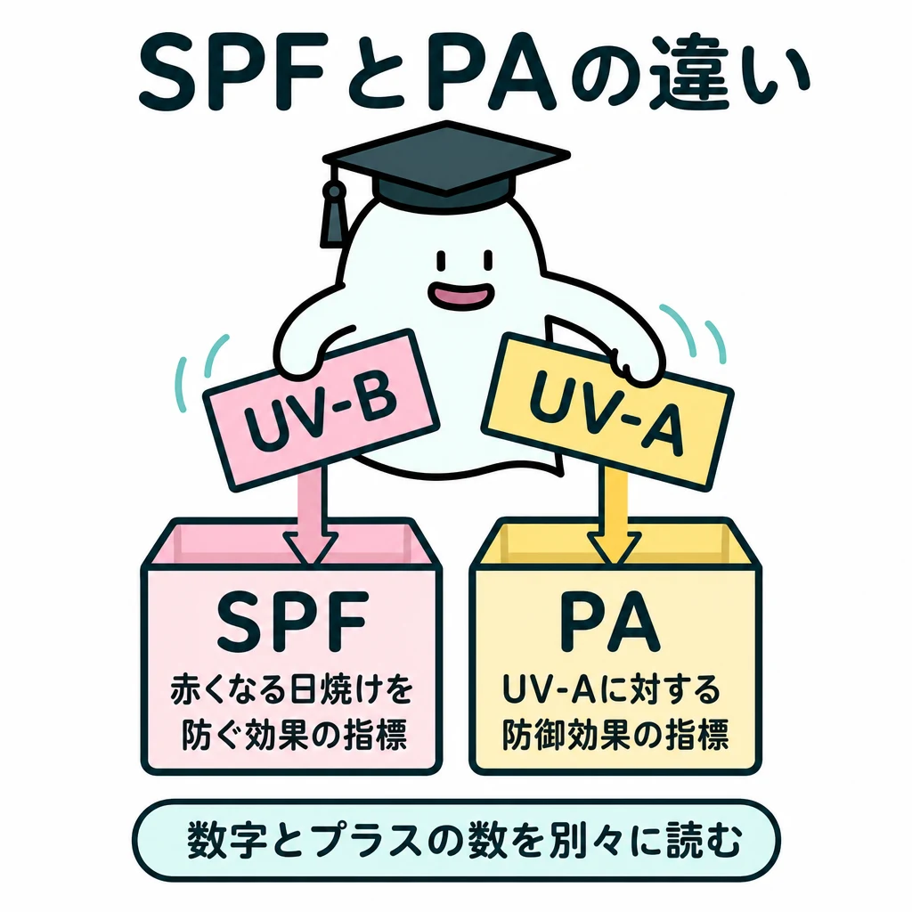 エルくんが説明する図解。UV-B→SPF、UV-A→PAの二本の対比、時間保証にはしない。