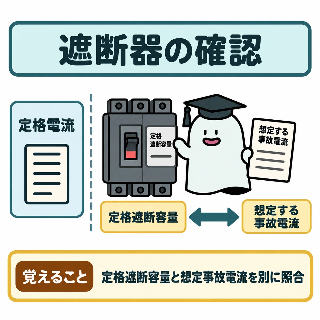 確認の図解。中央に遮断器を置き、左側の「定格電流」は仕切りで分離する。右側では「定格遮断容量」と「想定する事故電流」を横に並べ、両者の間に照合を示す両向き矢印を描く。