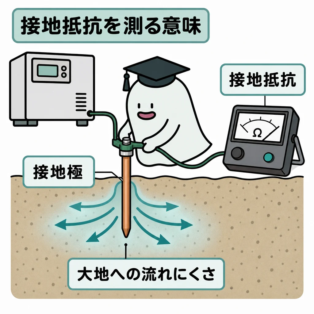 接地抵抗を測る意味。金属機器→接地線→地中の接地極の概念図。