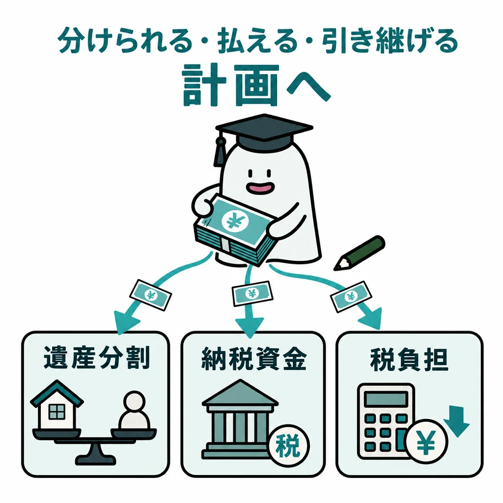 相続対策を遺産分割、納税資金、税負担の三つの観点でバランスさせる図