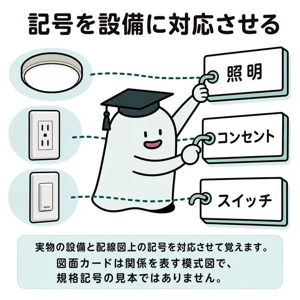 照明・コンセント・スイッチの実物と同じ名称のカードを対応させた図。規格記号の見本ではありません。