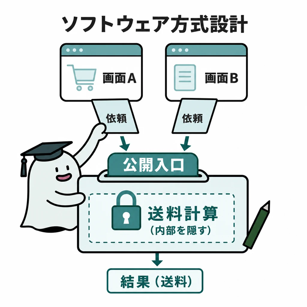 エルくんが説明する図解。画面A/Bから公開入口だけで送料計算を呼び出し内部を箱で隠す。