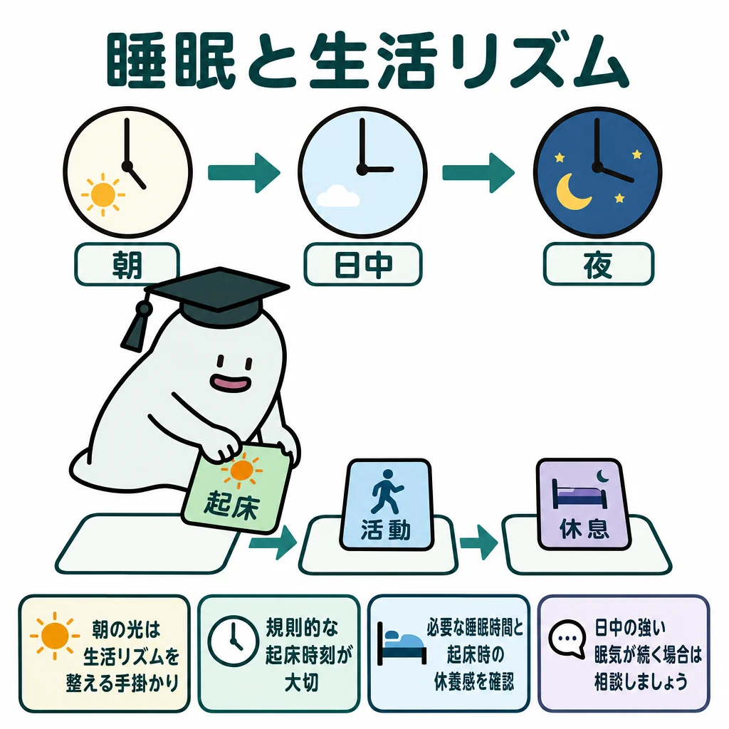 朝の光と起床、日中の活動、夜の休息を左から順に並べた生活リズムの図。
