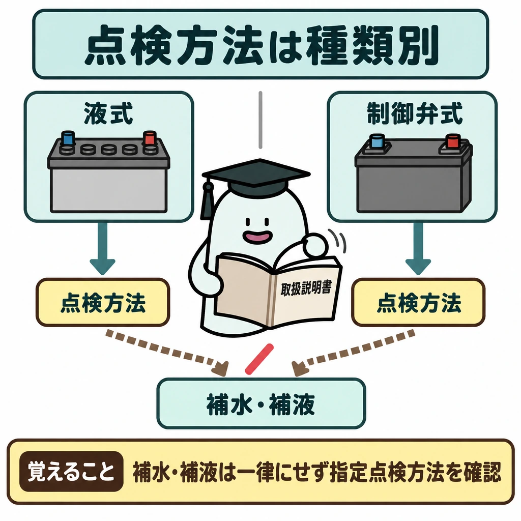 基本の仕組みの図解。上段に「液式」と「制御弁式」を左右に並べ、縦線で仕切る。それぞれから下段の取扱説明書にある点検方法欄へ別々の矢印を引き、共通の「補水・補液」手順へまとめる矢印には斜線を入れる。