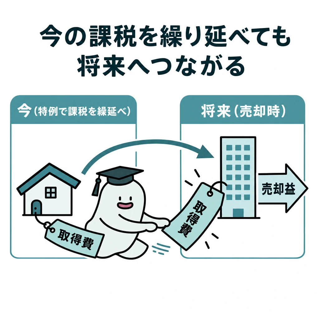 特例で現在の課税を繰り延べた場合に、将来の取得費や売却益へ影響する関係を示す図
