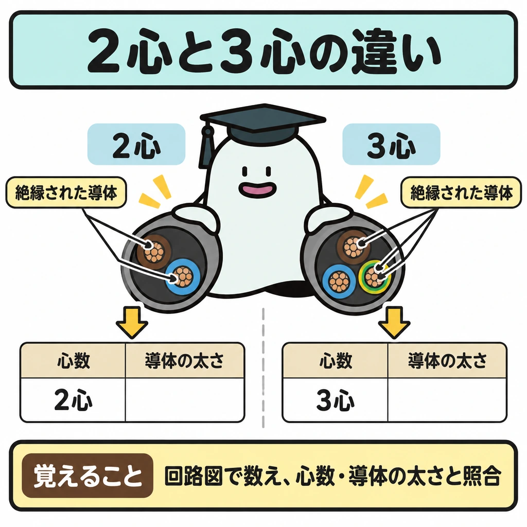 基本の仕組みの図解。中央に仕切りを置き、左に2心、右に3心のケーブル切断面を並べ、絶縁された導体がそれぞれ2本・3本あることを見せる。下の材料表には心数と導体の太さの欄を置き、数えた本数から心数の欄へ矢印をつなぐ。