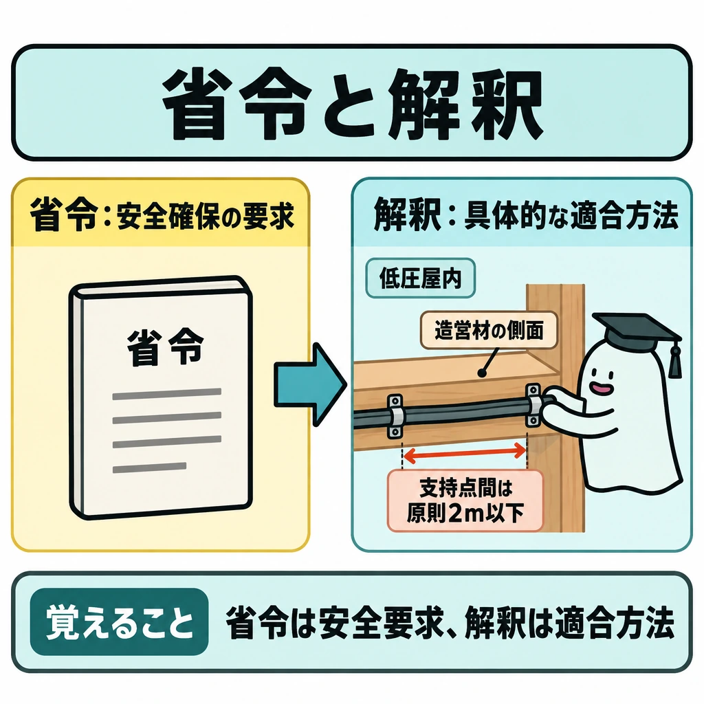 省令と解釈の関係の図解。画面を左右に仕切り、左に「省令=安全確保の要求」、右に「解釈=具体的な適合方法」を置き、左から右へ矢印を引く。右側には低圧屋内の造営材の側面に沿うケーブルを描き、支持点間に「原則2m以下」と示す。