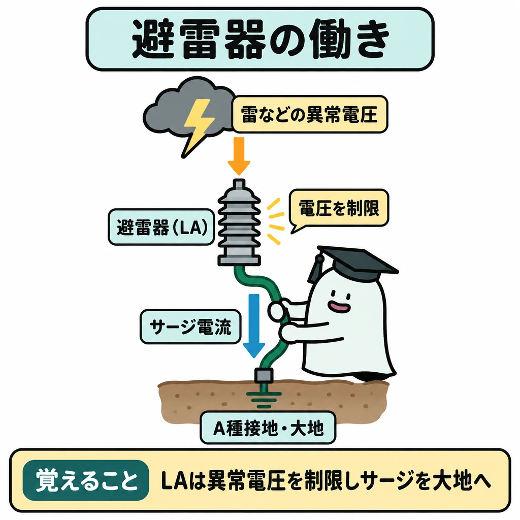 雷・力率・接地の別目的の図解。中央上の「雷などの異常電圧」から避雷器(LA)へ矢印を向け、LAの横に電圧を制限する作用を示す。LAから下の「A種接地・大地」へサージ電流の矢印を伸ばし、電圧の制限と電流の行き先を区別する。