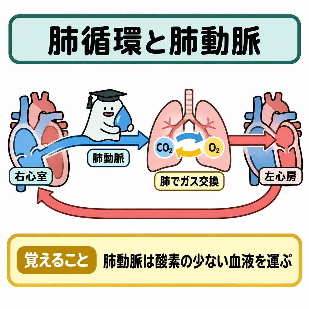 基本の仕組みの図解。左側に心臓、右側に肺を置き、右心室→肺動脈→肺→左心房の順に矢印で結ぶ。肺にはガス交換を示し、心臓と肺の間を往復する経路として描く。