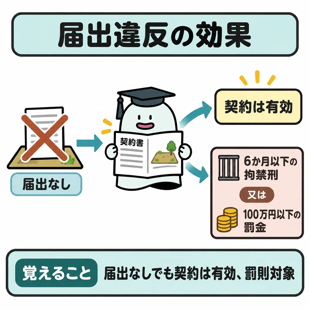 勧告と届出違反の効果の図解。左の「届出なし」から矢印を二股に分け、右上に「契約は有効」、右下に罰則を配置する。罰則は「6か月以下の拘禁刑」と「100万円以下の罰金」の間に「又は」を置き、両方を科す図にしない。