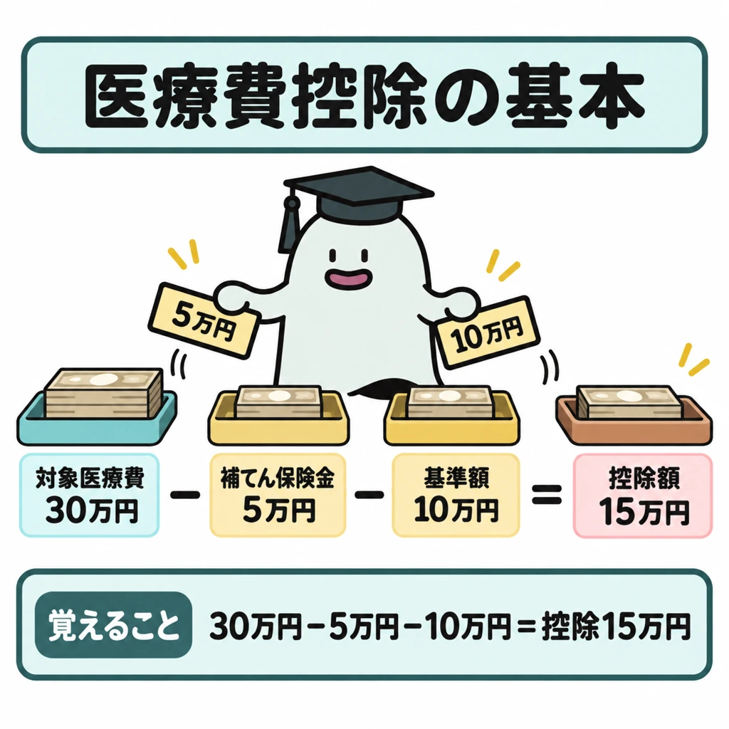 基本の仕組みの図解。左から右へ、対象医療費30万円から補てん保険金5万円、差し引く基準額10万円を順に引く計算列を描き、右端の枠に控除額15万円を置く。各項目の間は「−」、結果の前は「=」でつなぐ。