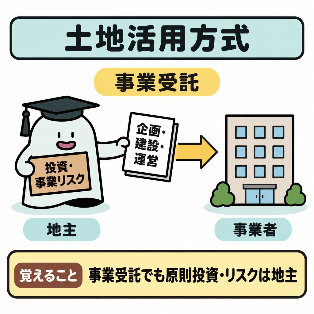 主な土地活用方式を比較するの図解。事業受託の役割分担を一画面で示す。左の地主から右の事業者へ「企画・建設・運営」の仕事を渡す矢印を描き、地主側には「投資・事業リスク」を残す。