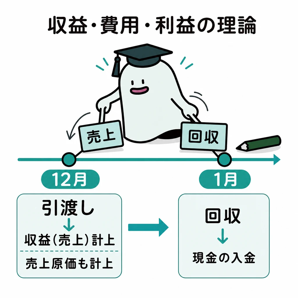 エルくんが説明する図解。12月引渡し/売上原価、1月回収を時間線で分ける。