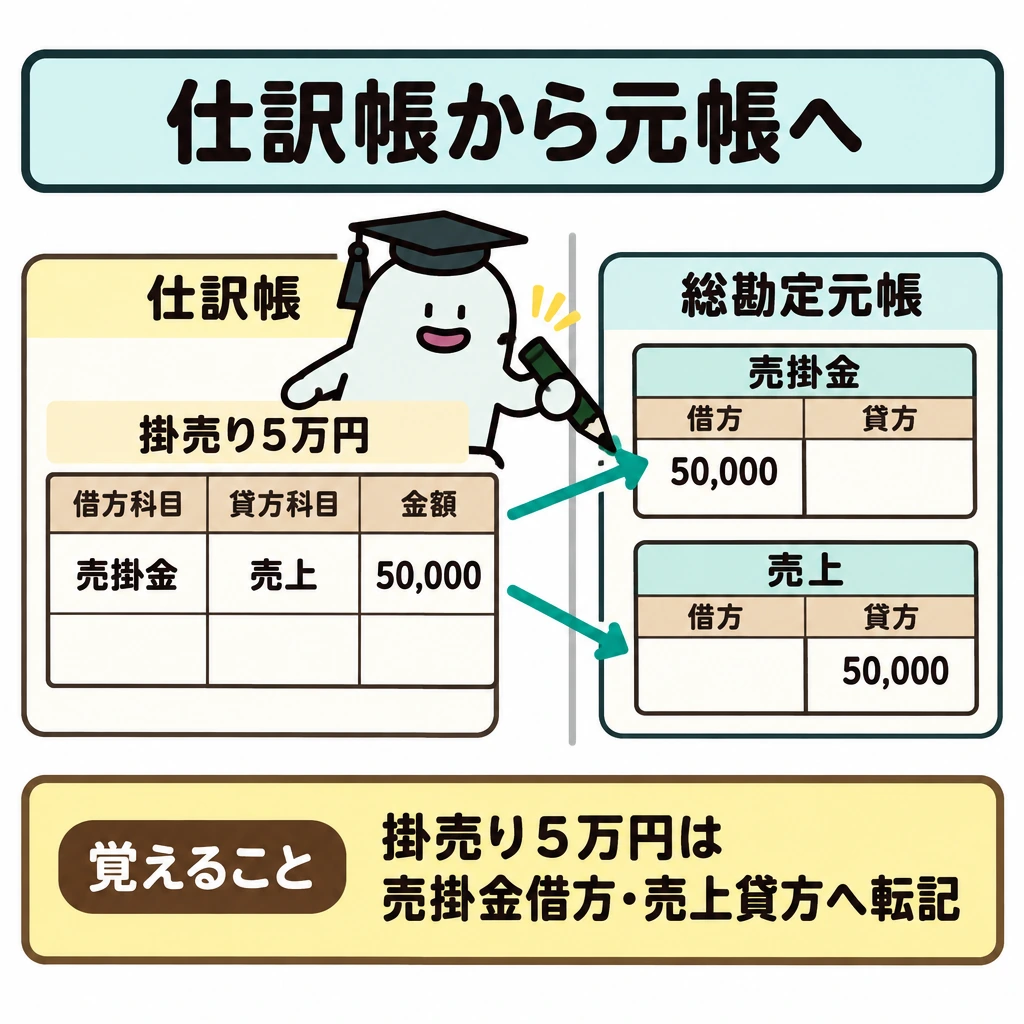 仕訳帳から元帳へ転記するの図解。左に仕訳帳の掛売り5万円の仕訳、右に総勘定元帳を配置し、縦の仕切りを挟んで右向きの矢印を2本引く。矢印の先はそれぞれ、売掛金勘定の借方5万円と売上勘定の貸方5万円につなぐ。