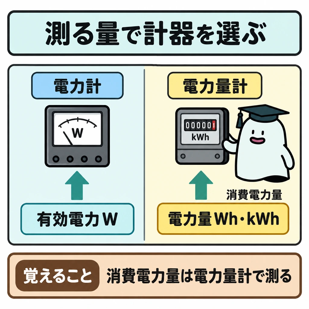 測る量から計器を選ぶの図解。1つの台を中央の縦線で左右に分け、左は「電力計」から「有効電力W」へ、右は「電力量計」から「電力量Wh・kWh」へ上向きの矢印で結ぶ。右側だけに「消費電力量」を添え、左右の測定対象を混同させない。