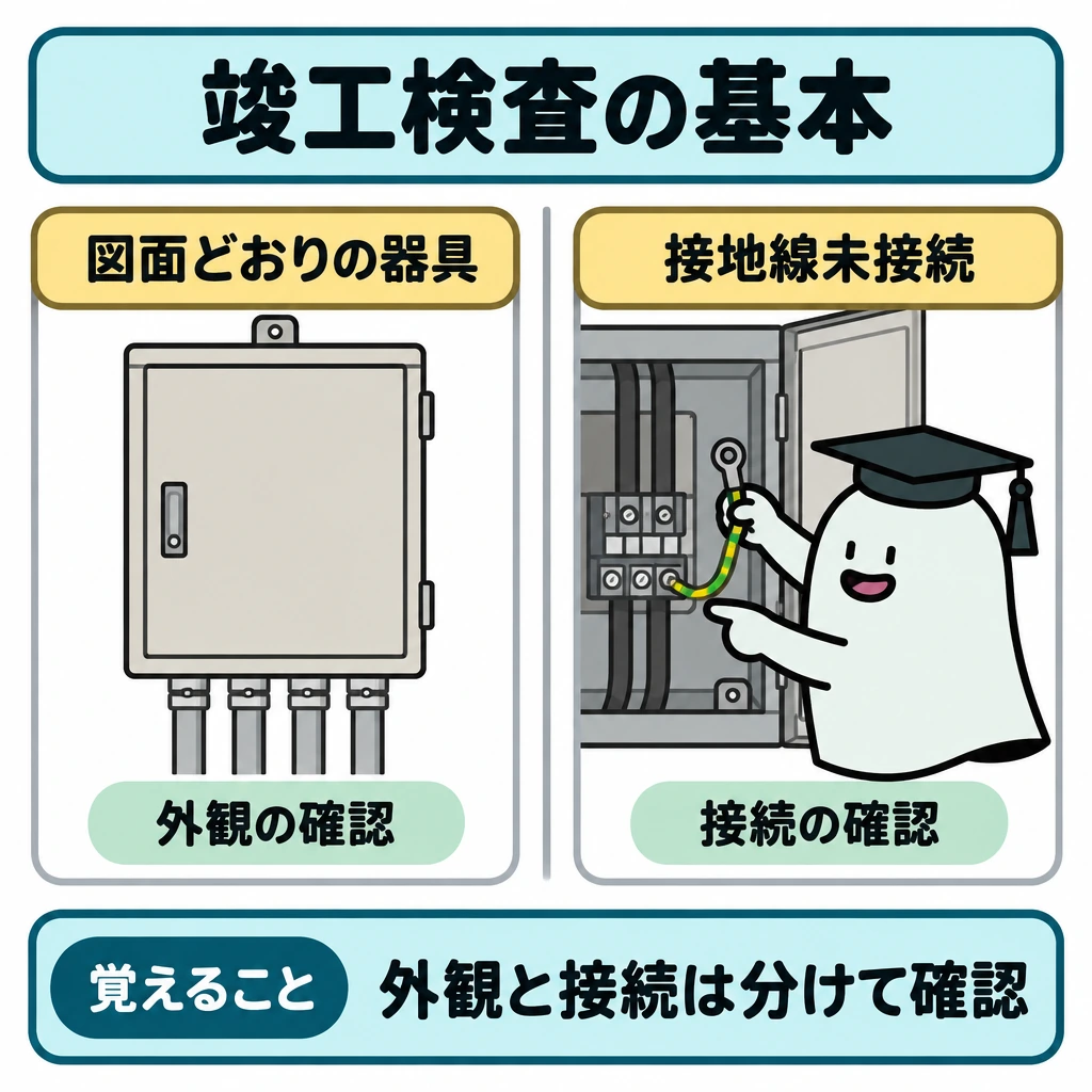 基本の仕組みの図解。中央に器具を1台描き、左側に図面どおりの外観、右側に接続されていない接地線を拡大して並べる。間に仕切りを置き、「外観が合っていても接続は別に確認する」関係を示す。