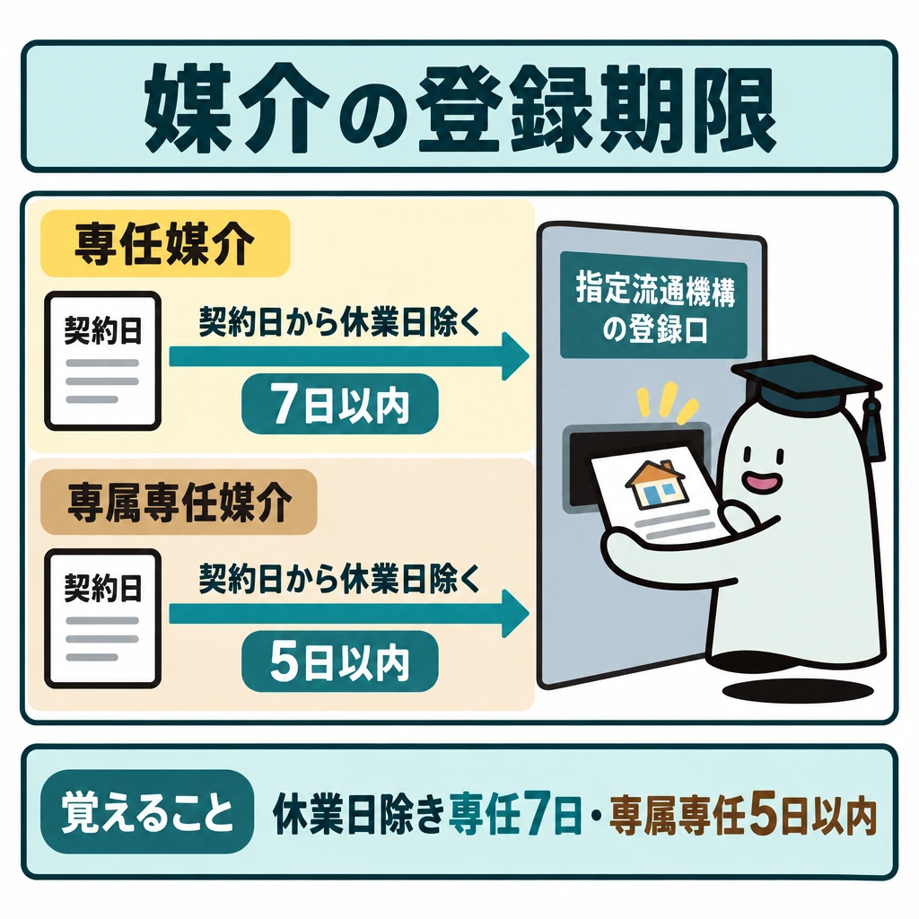 媒介の種類と期限の図解。正方形の中央を上下2段に分け、上段を専任媒介、下段を専属専任媒介とする。両段とも左の契約日から右の登録期限へ矢印を引き、共通条件として休業日を除くことを矢印の上に示す。