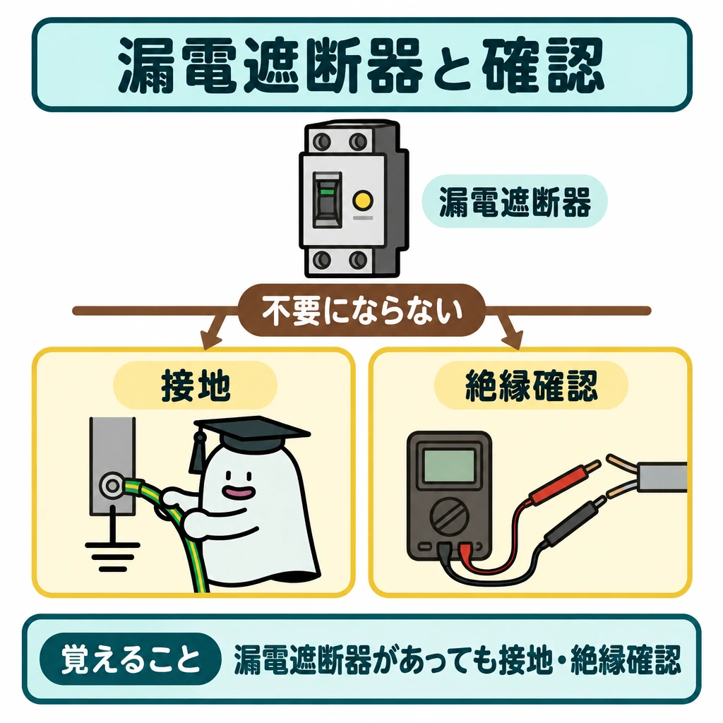 確認の図解。上段に漏電遮断器、仕切り線を挟んだ下段に接地と絶縁確認を横並びに置く。段間に「不要にならない」と記し、遮断器があっても両方を省けない関係を示す。
