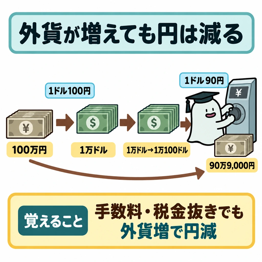 基本の仕組みの図解。左から右へ「100万円→1万ドル→利息後1万100ドル→90万9,000円」を一本の流れで配置し、最初の両替に「1ドル100円」、円に戻す両替に「1ドル90円」を添える。始点と終点の円額を結ぶ下向き矢印で、円では減ったことを示す。
