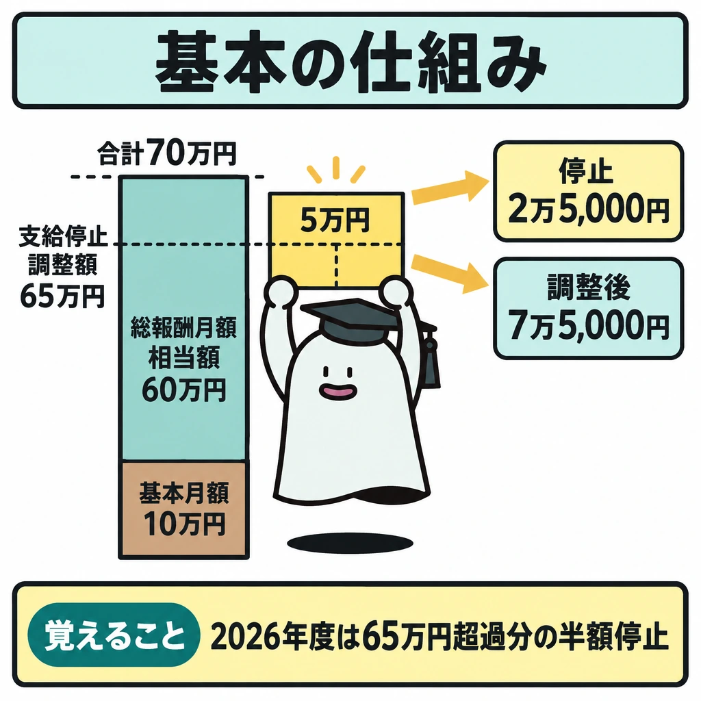 基本の仕組みの図解。左に基本月額10万円と総報酬月額相当額60万円を積んだ縦棒を置き、合計70万円の位置まで伸ばす。2026年度の支給停止調整額65万円で横線を引き、超過した5万円の帯を半分に分けて、右向き矢印で停止額2万5,000円と調整後の老齢厚生年金7万5,000円につなぐ。