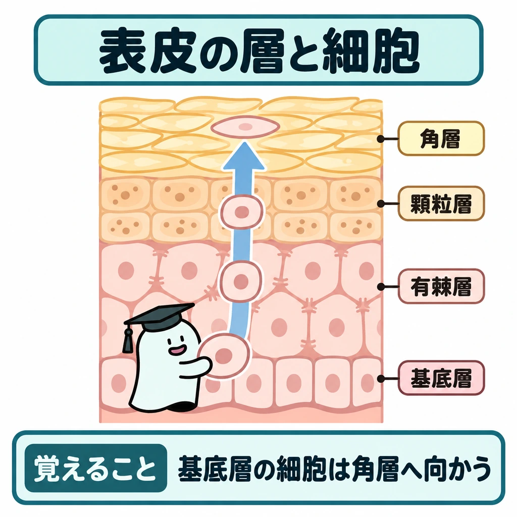 表皮の層・真皮の構造・付属器官の図解。表皮の断面を中央に大きく描き、上から角層・顆粒層・有棘層・基底層の順に重ねる。基底層から角層へ向かう細胞の動きを、上向きの矢印で示す。