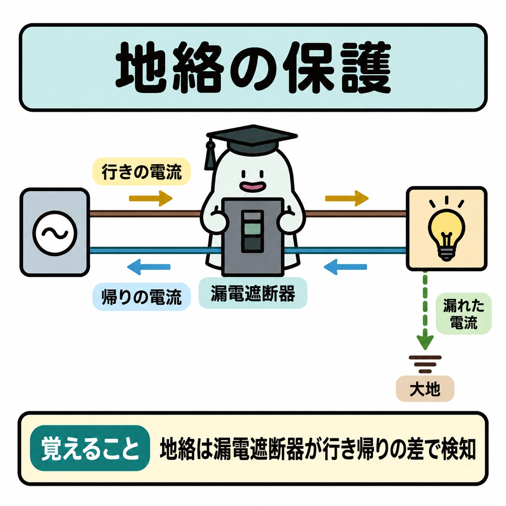 過電流・地絡・短絡の保護の図解。中央に漏電遮断器、左に電源、右に負荷を置き、上段の行き線は右向き、下段の帰り線は左向きの矢印で示す。負荷側から大地へ漏れる線を下向きに描き、帰りの電流が行きより少ないことを漏電遮断器の位置で示す。