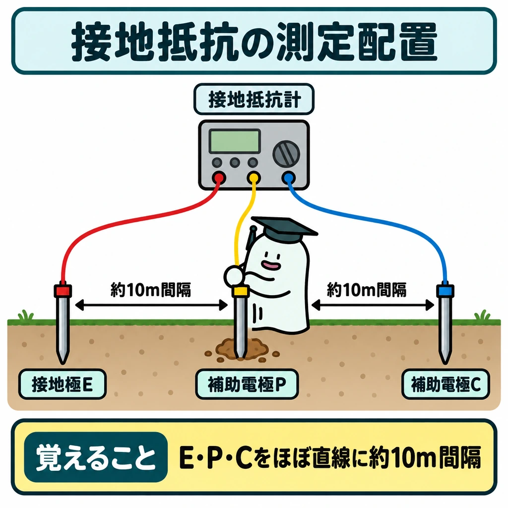 接地抵抗と測定配置の図解。地面に接地極E、補助電極P、補助電極Cを左からほぼ一直線に並べ、E―P間とP―C間のそれぞれに「約10m」の両矢印を置く。上部に接地抵抗計を描き、3本の電極につなぐ。