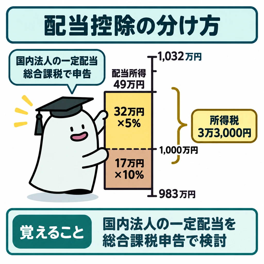 所得区分と配当控除を通しで判定の図解。中央に983万円から1,032万円までの縦の目盛りを置き、1,000万円の線で配当所得49万円の帯を上下に分ける。下の17万円に所得税10%、上の32万円に5%を当て、右側に配当控除3万3,000円を示す。