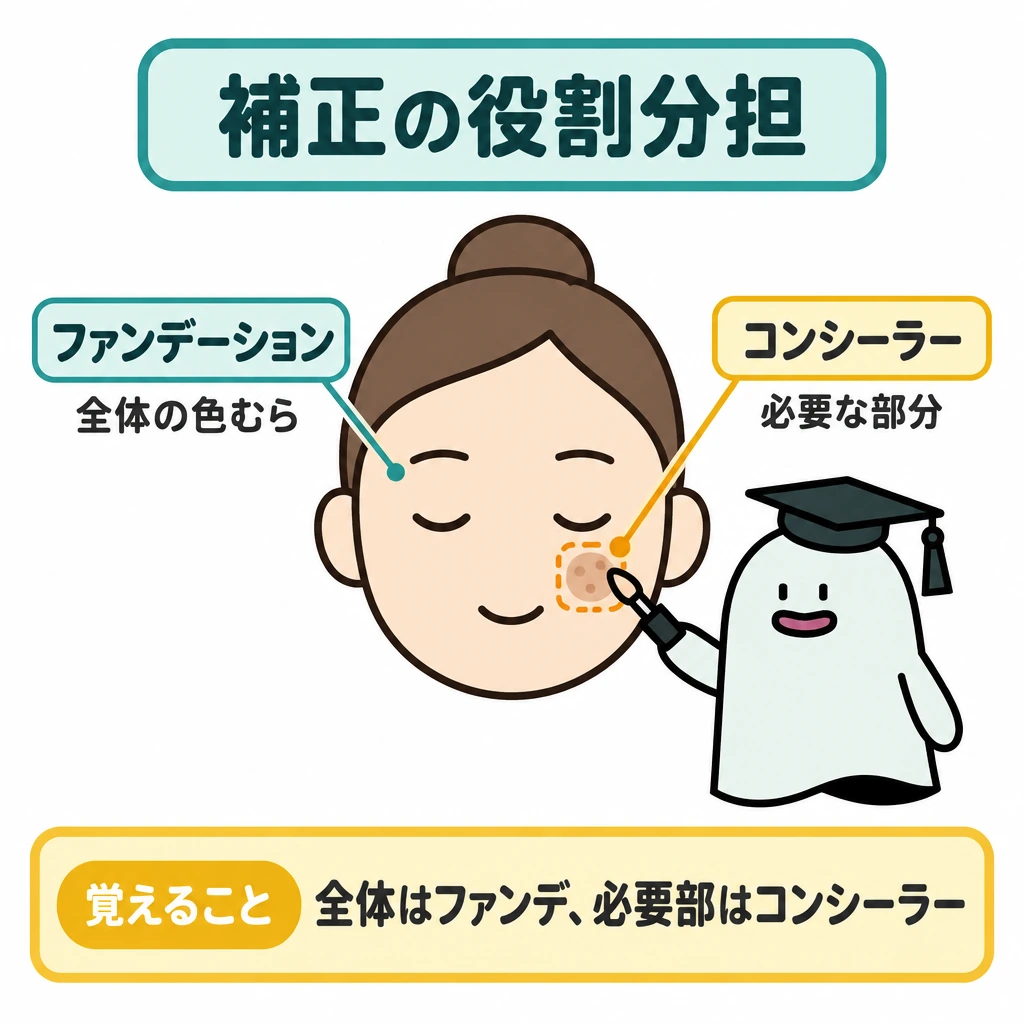 基本の仕組みの図解。中央に顔を一つだけ描き、顔全体を淡い色で示して「ファンデーション」、一部分を小さな枠で囲んで「コンシーラー」の担当範囲を示す。二つの範囲は矢印でつながず、塗る順序や重ねる層として描かない。