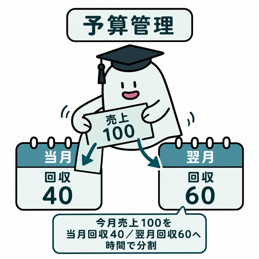 エルくんが説明する図解。今月売上100を今月回収40/翌月回収60へ時間で分割。
