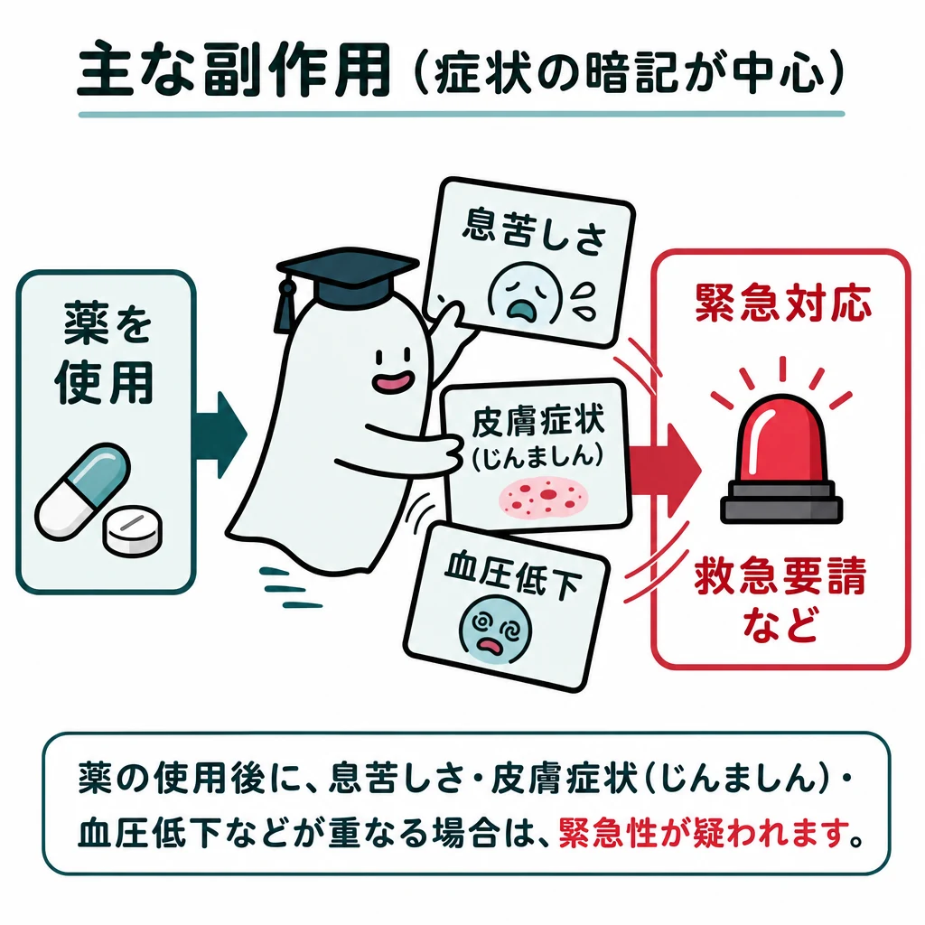 エルくんが説明する図解。薬使用→息苦しさ/皮膚症状→緊急対応の赤い短い経路。