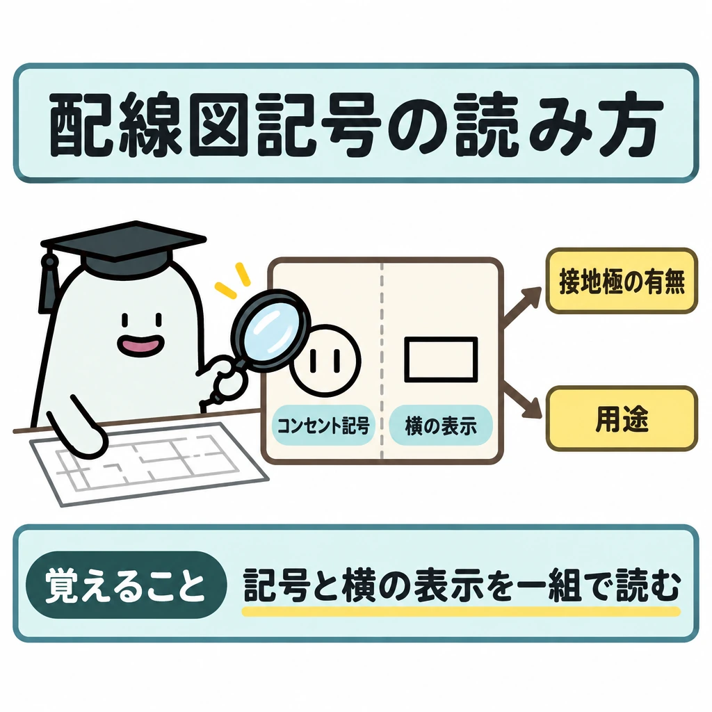 基本の仕組みの図解。中央にコンセント記号とその横の表示を一組で配置し、両方を囲む枠から「接地極の有無」「用途」へ矢印を伸ばす。記号だけでは判断できないことを、枠の外との仕切りで示す。