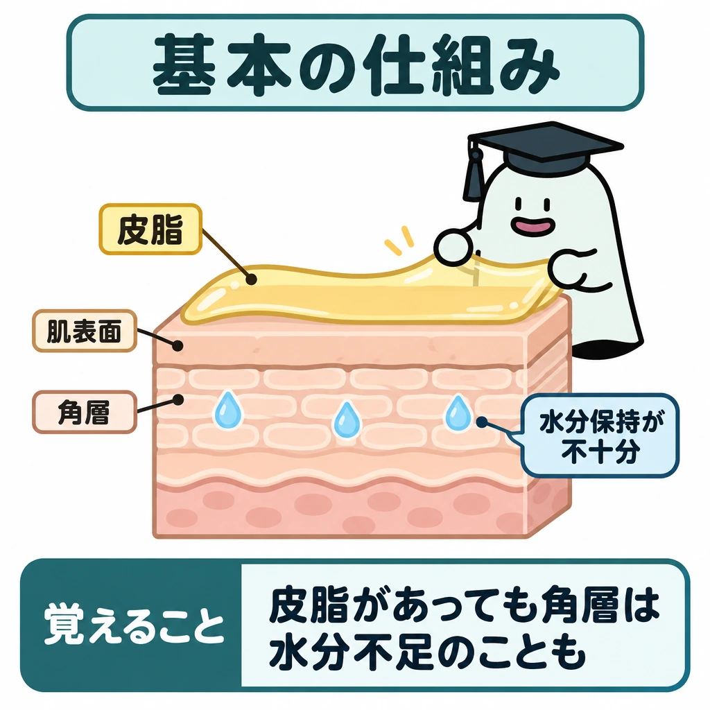 基本の仕組みの図解。中央に肌の断面を大きく描き、上の肌表面に皮脂、すぐ下の角層に少ない水滴を配置する。層の境界を線で区切り、皮脂があっても角層の水分保持は十分とは限らないことを示す。