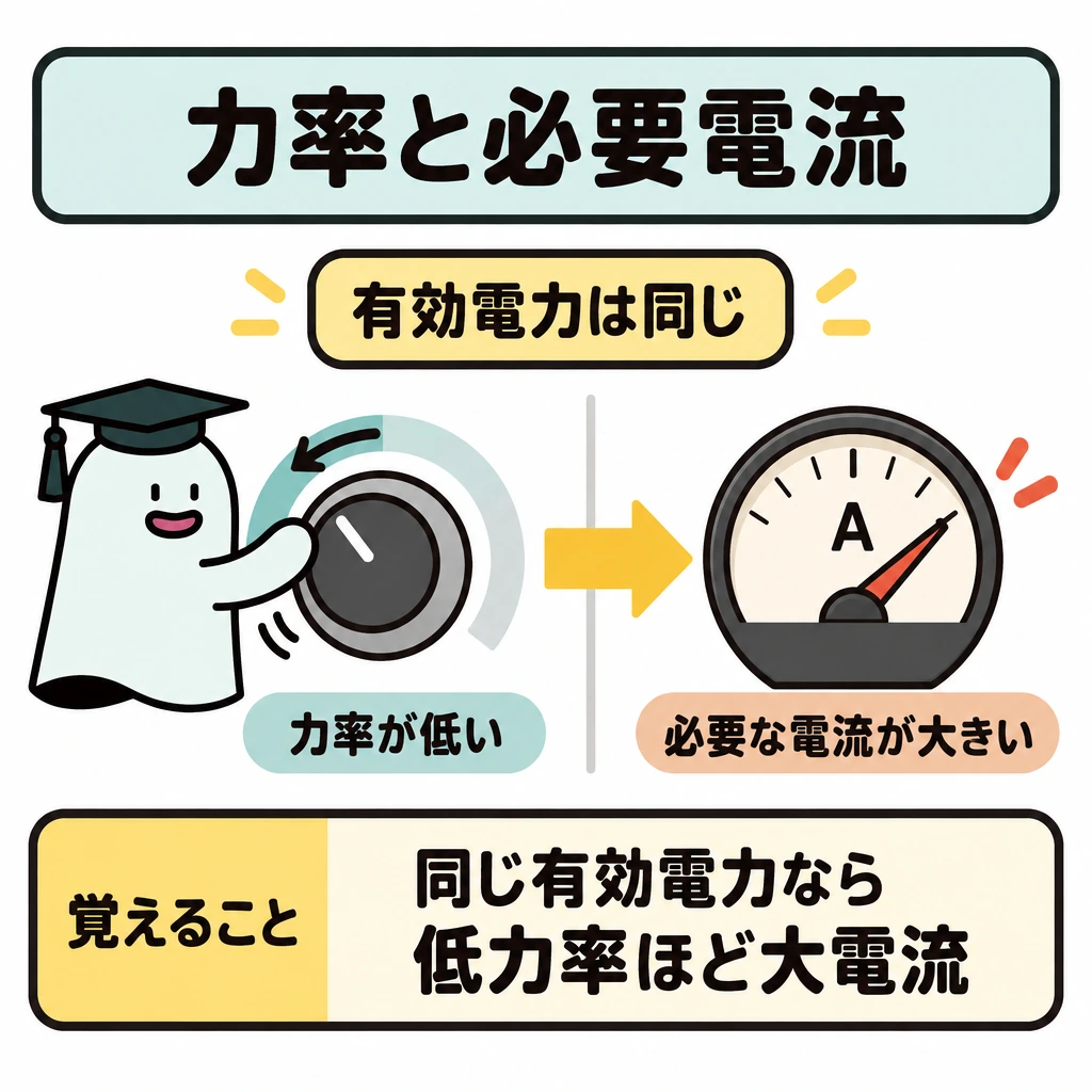 確認の図解。中央上に「有効電力は同じ」と置き、細い縦の仕切りを挟んで左に力率ダイヤル、右に電流計を配置する。左の力率が低くなる向きから右の必要な電流が大きくなる向きへ矢印でつなぐ。