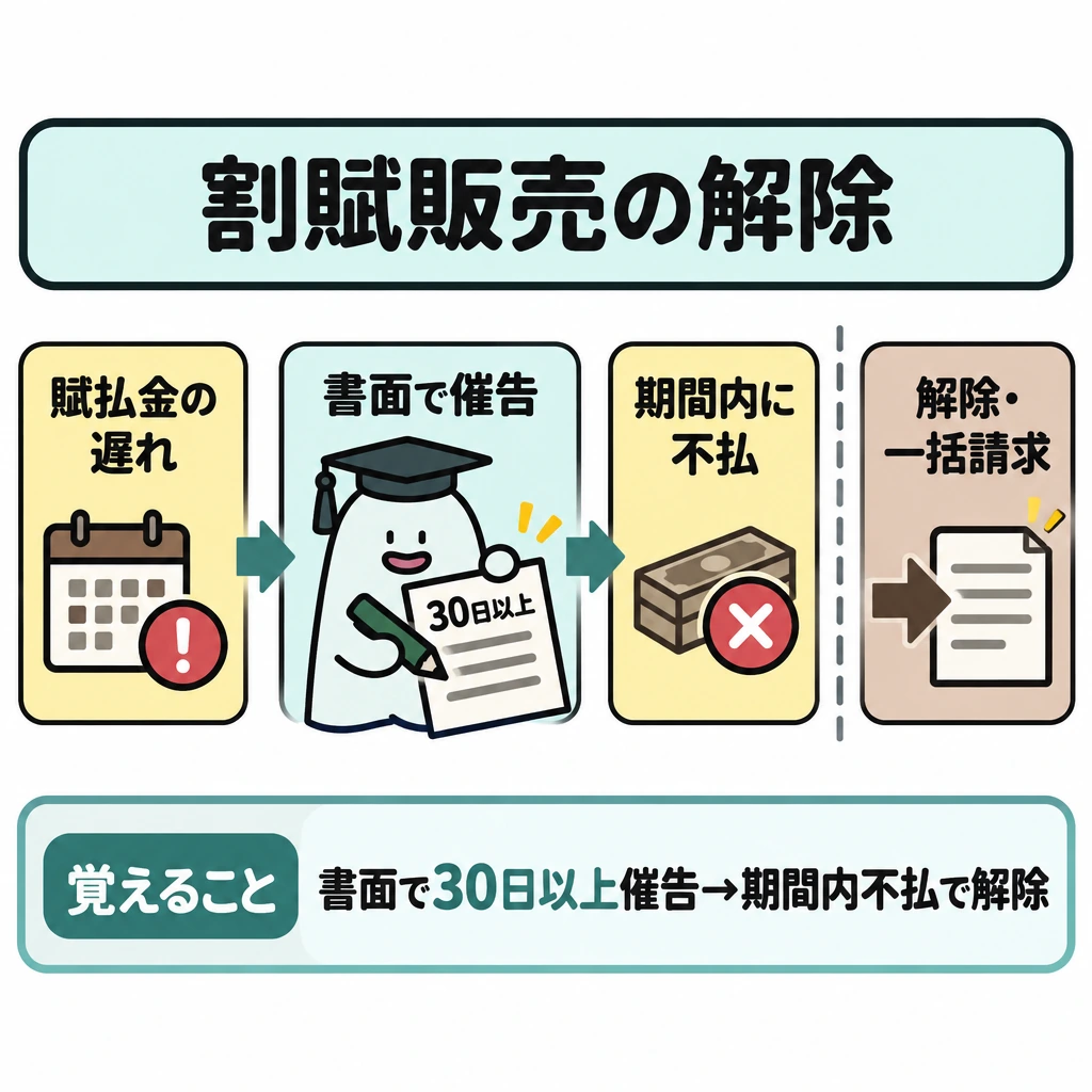 ⑦割賦販売の解除と⑧所有権留保の図解。左から右へ「賦払金の遅れ」→「30日以上の相当期間を定めた書面催告」→「期間内に不払」を一本の矢印でつなぐ。最後の条件を越えた右端にだけ「解除・一括請求」を置き、条件を満たす前とは仕切りで分ける。