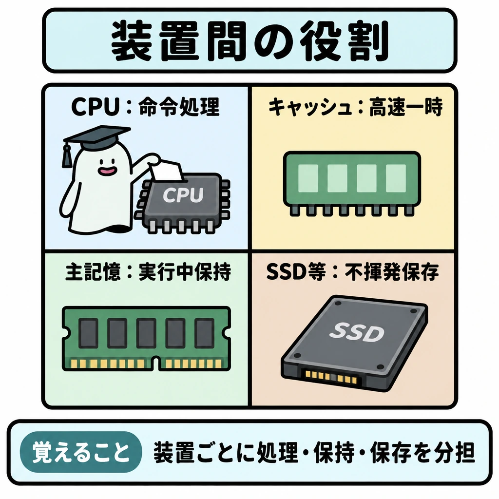 装置間の役割の図解。正方形を十字の仕切りで4区画に分け、左上にCPU、右上にキャッシュ、左下に主記憶、右下にSSD等を配置する。各区画に役割を描き、装置間には処理順を示す矢印を引かない。