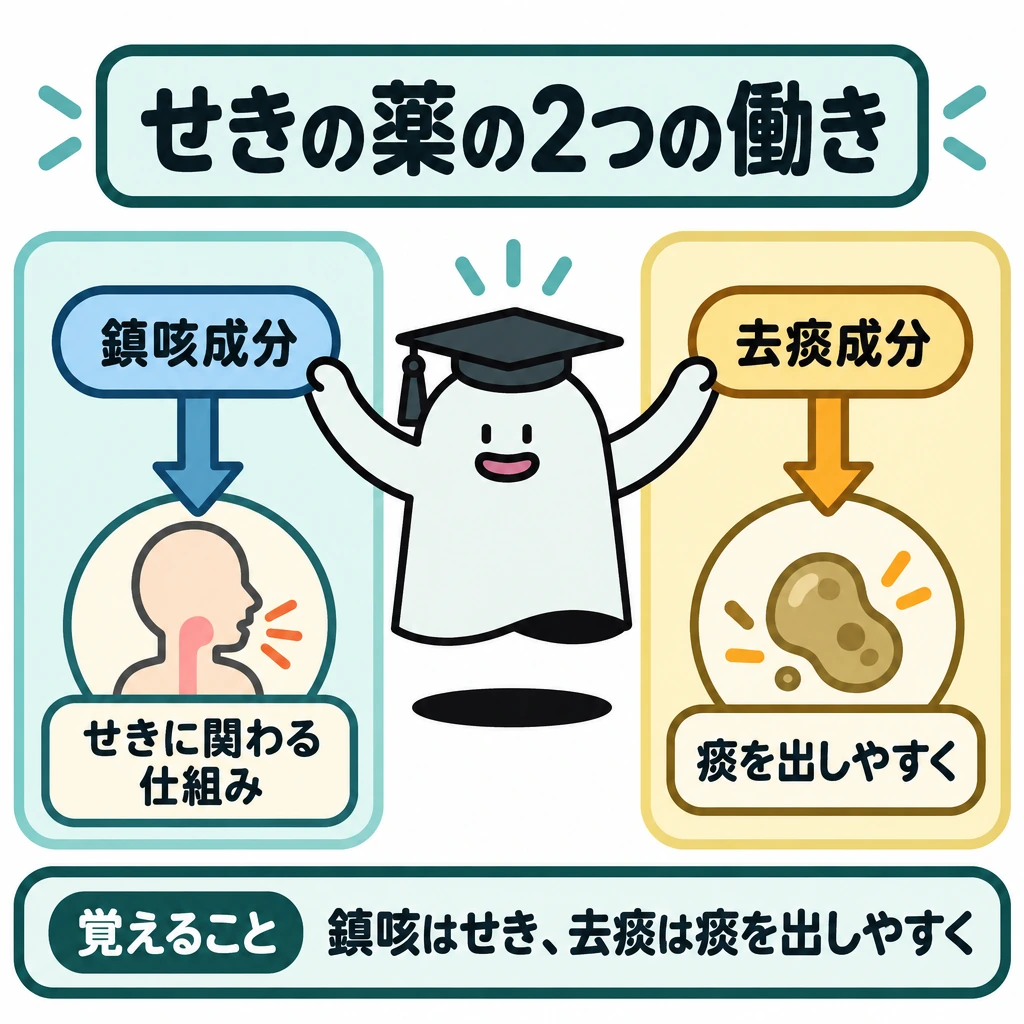 基本の仕組みの図解。中央にエルくん、左右に仕切った1つの比較図を置く。左は「鎮咳成分」から「せきに関わる仕組み」へ、右は「去痰成分」から「痰を出しやすく」へ矢印を引く。
