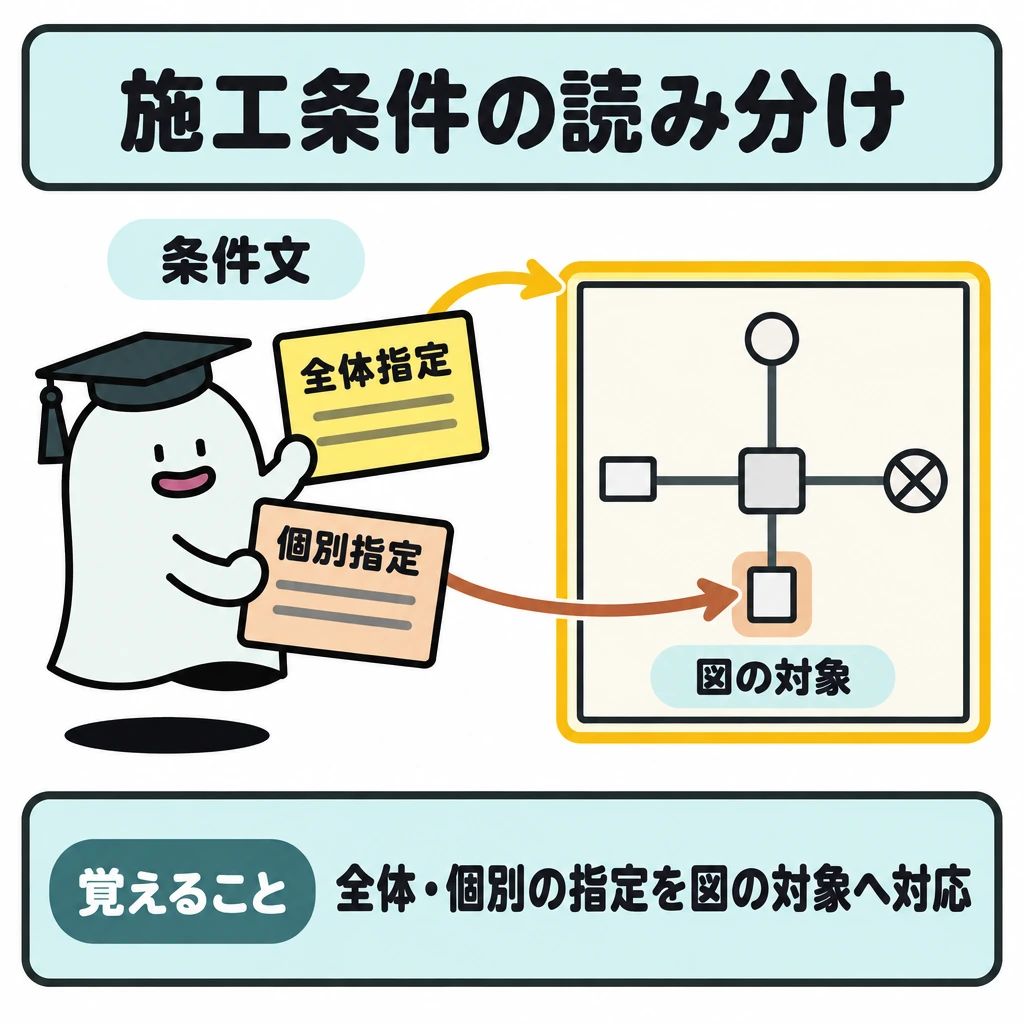 学科図面と技能施工条件の図解。左上の条件文を「全体指定」と「個別指定」に分け、矢印を右側の1枚の図へ伸ばす。全体指定の矢印は図全体を囲む枠へ、個別指定の矢印は該当箇所へつなぐ。