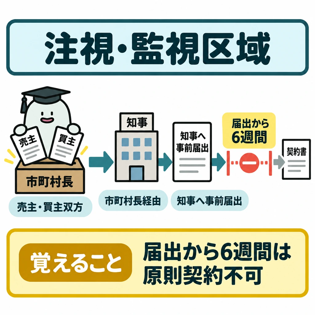注視・監視・規制区域の図解。左から右へ、売主・買主双方の届出書が市町村長を経由して知事へ進む矢印を描く。その先に「届出から6週間」の帯を置き、帯の間は契約書へ進めないよう停止線で区切る。