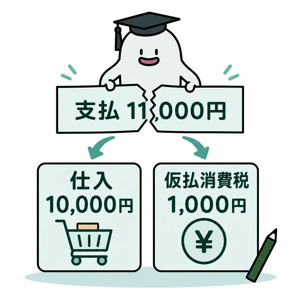 エルくんが説明する図解。支払11,000円を仕入10,000円と仮払消費税1,000円に分割。