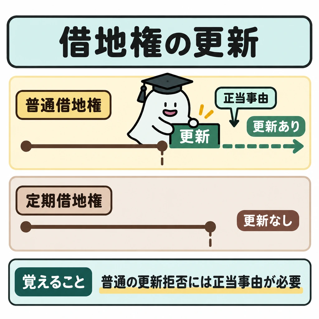 普通借地権と定期借地権の図解。1本の時間軸を上下2段に分け、上段の普通借地権は期限の先へ線をつなぎ、下段の定期借地権は期限で線を止める。上段の更新を拒むには正当事由が必要なことを、期限のそばに示す。