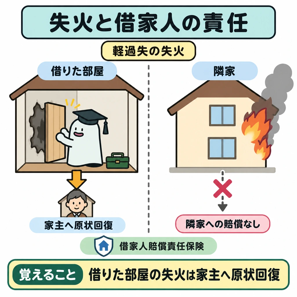 賠償責任・傷害保険と保険金の税務の図解。中央の仕切りで、左に借りた部屋、右に隣家を配置する。軽過失の失火について、左はエルくんから家主へ「原状回復」の矢印、右は隣家への賠償矢印に×印を付けて対比する。
