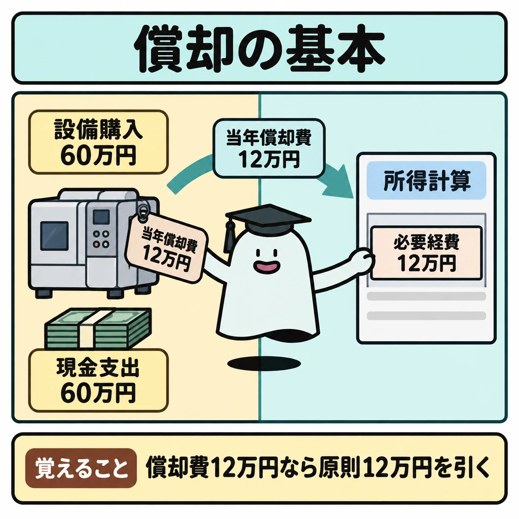 基本の仕組みの図解。正方形の左側に「設備購入60万円」と現金支出、右側に「所得計算」と「必要経費12万円」を配置し、中央の仕切りを越える矢印には「当年償却費12万円」と記す。60万円がそのまま右側へ移る矢印は描かない。