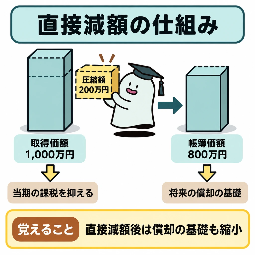 基本の仕組みの図解。単純化した例として、左に取得価額1,000万円のバーを置き、中央で200万円分を外して、右の帳簿価額800万円のバーへ矢印でつなぐ。右のバーから下向きの矢印を伸ばし、将来の減価償却の基礎も小さくなることを示す。