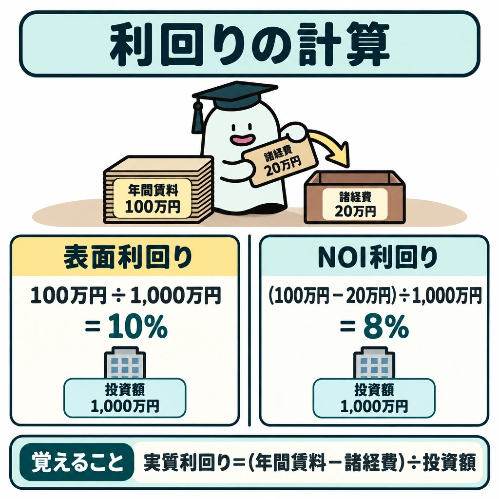 利回りの計算の図解。中央の仕切りを挟み、左に表面利回り「100万円÷1,000万円=10%」、右にNOI利回り「(100万円−20万円)÷1,000万円=8%」を並べる。左右とも投資額を分母に置き、右だけ年間賃料から諸経費を引く流れを矢印で示す。